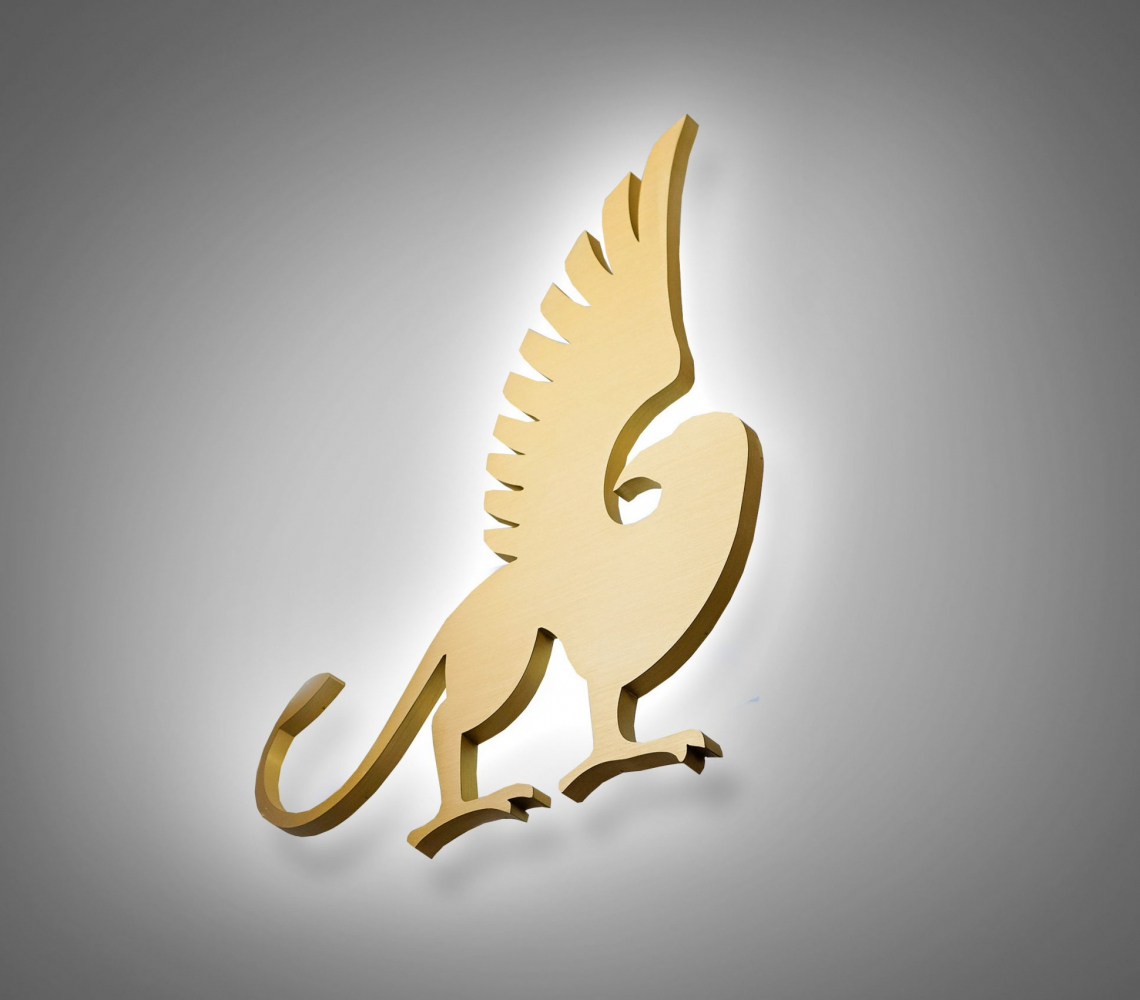 Illuminated brushed brass griffin sign for Stack's Bowers Galleries, an auction house in Santa Ana, California.